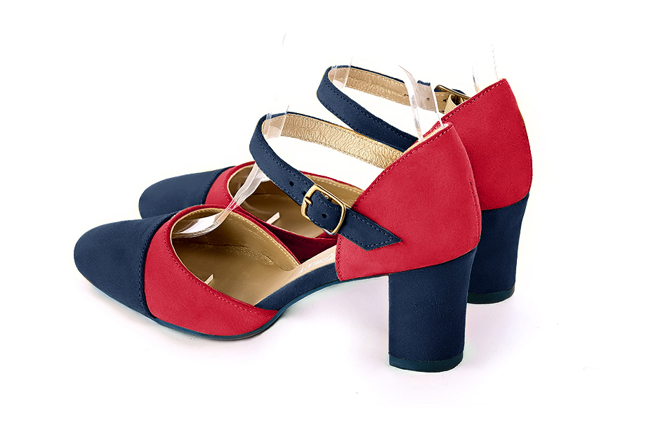Women's navy blue and cardinal red open side dress shoes, with an instep strap. Round toe. Medium block heels - Rear view